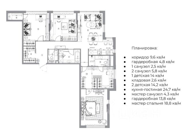 Планировка квартиры 3 комнатной с гардеробной