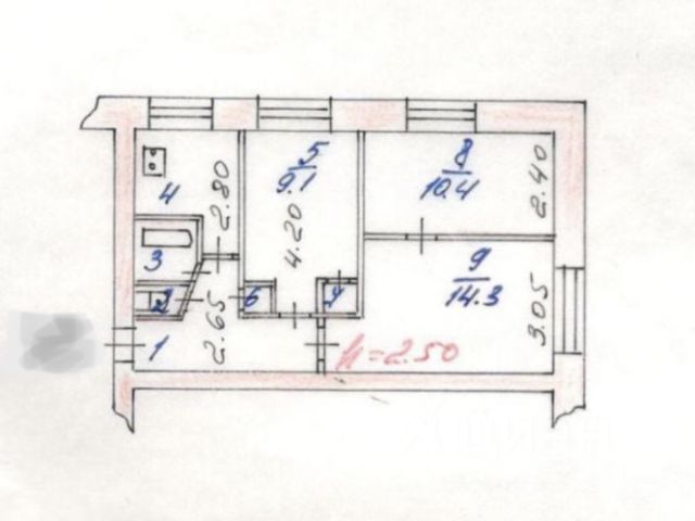 На рисунке план квартиры в пятиэтажном кирпичном доме