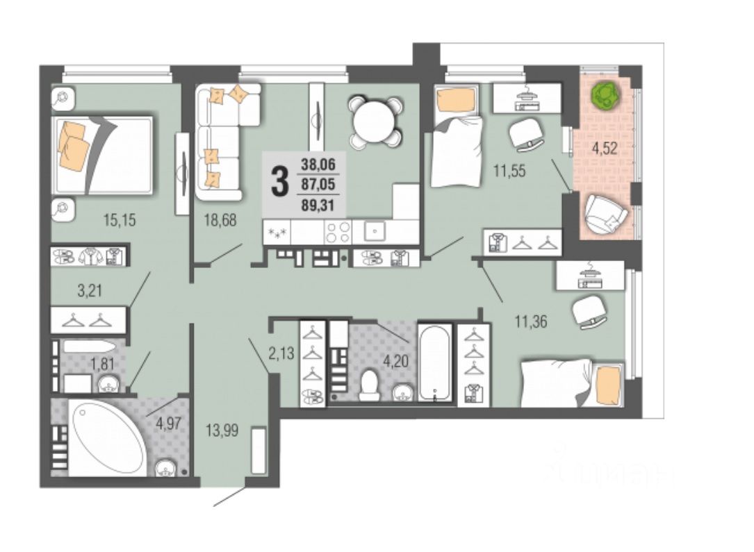 Купить трехкомнатную квартиру 89.31м² Московская ул., 194, Екатеринбург, Свердловская область, р-н Ленинский, мкр. Юго-Западный м. Ботаническая - база ЦИАН, объявление 239097579