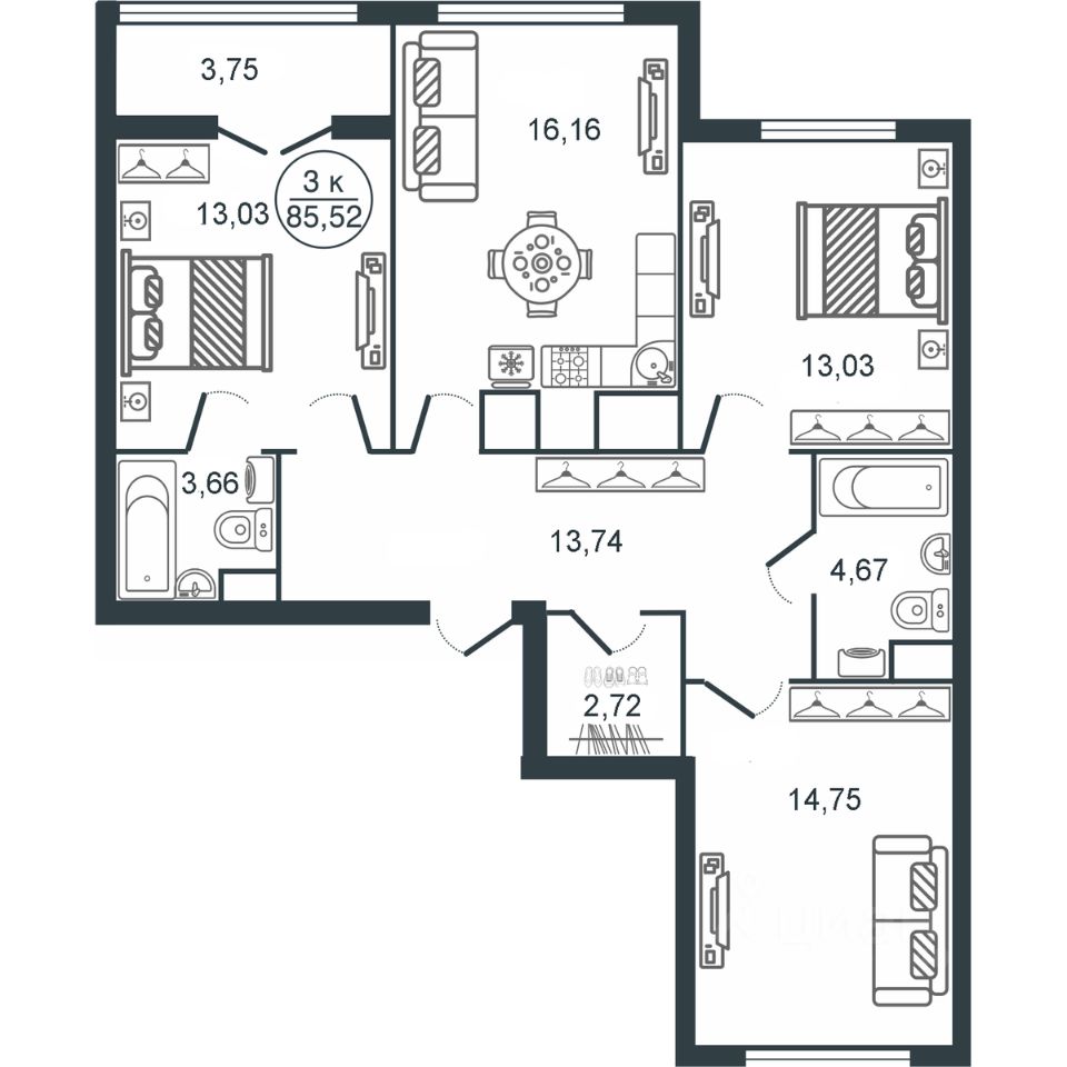 Продажа трехкомнатной квартиры 85,5м² Тверь, Тверская область, Южный  микрорайон - база ЦИАН, объявление 298244476