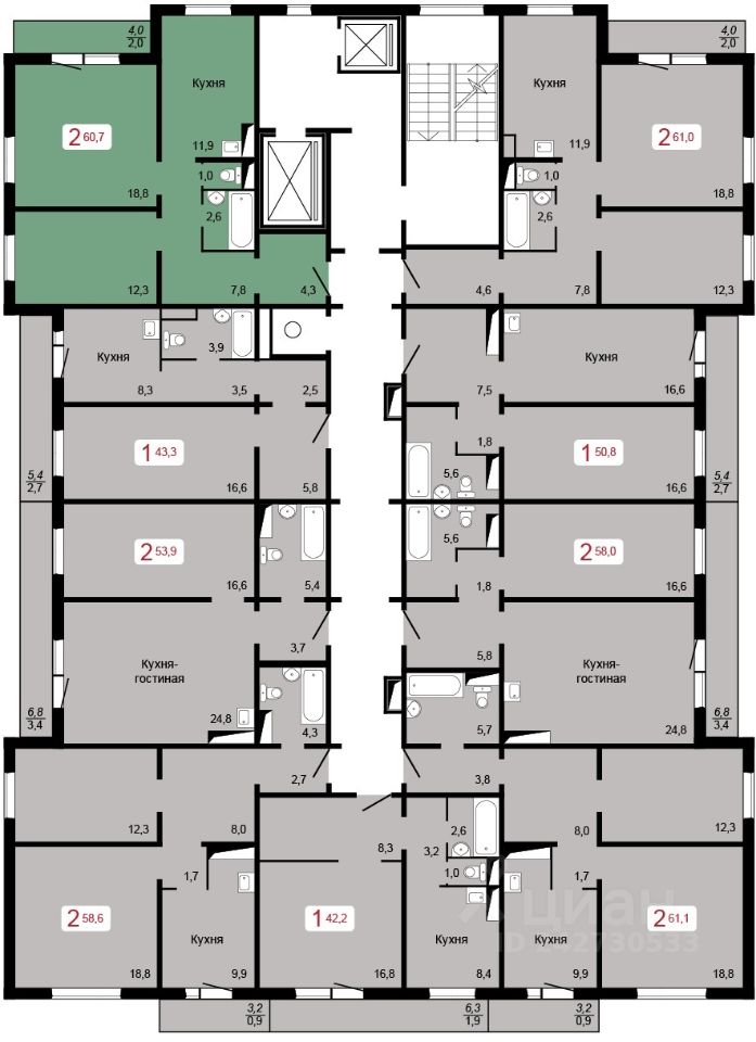 Продаю двухкомнатную квартиру 58.6м² Лесопарковая ул., Красноярск, Красноярский край, р-н Октябрьский - база ЦИАН, объявление 242730533