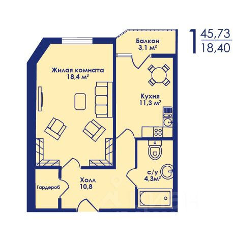 Продажа однокомнатной квартиры 45.73м² Московская область, Котельники, южный микрорайон, к6 м. Котельники - база ЦИАН, объявление 238906942