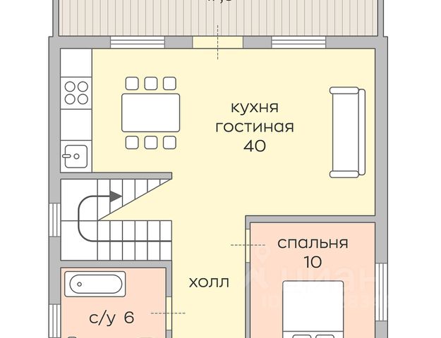 Однокомнатный домик с кухней и ванной планировка