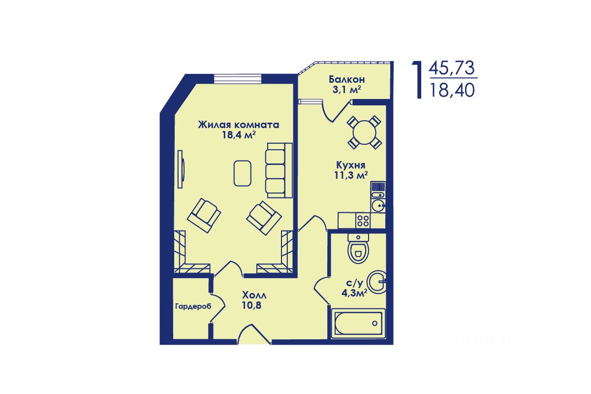 Купить однокомнатную квартиру 44.9м² Московская область, Котельники, южный микрорайон, 14 - база ЦИАН, объявление 242905053