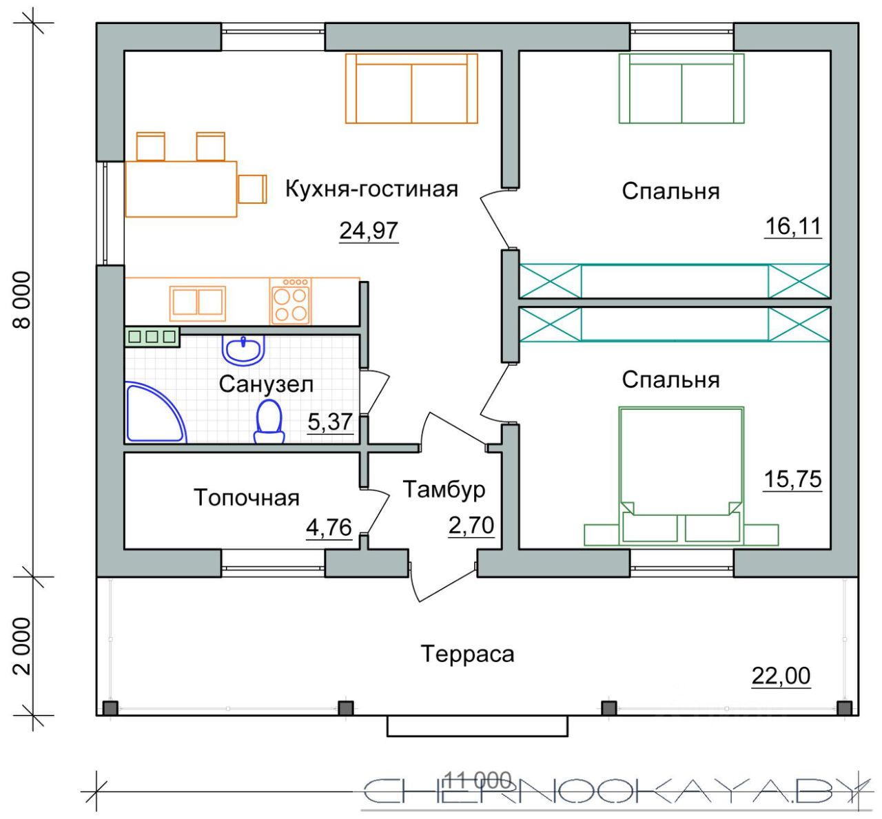 Проекты домов 80 м2 1 этажный с 2 спальнями