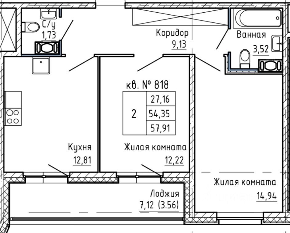 Продажа двухкомнатной квартиры 57.91м² Санкт-Петербург, р-н ...