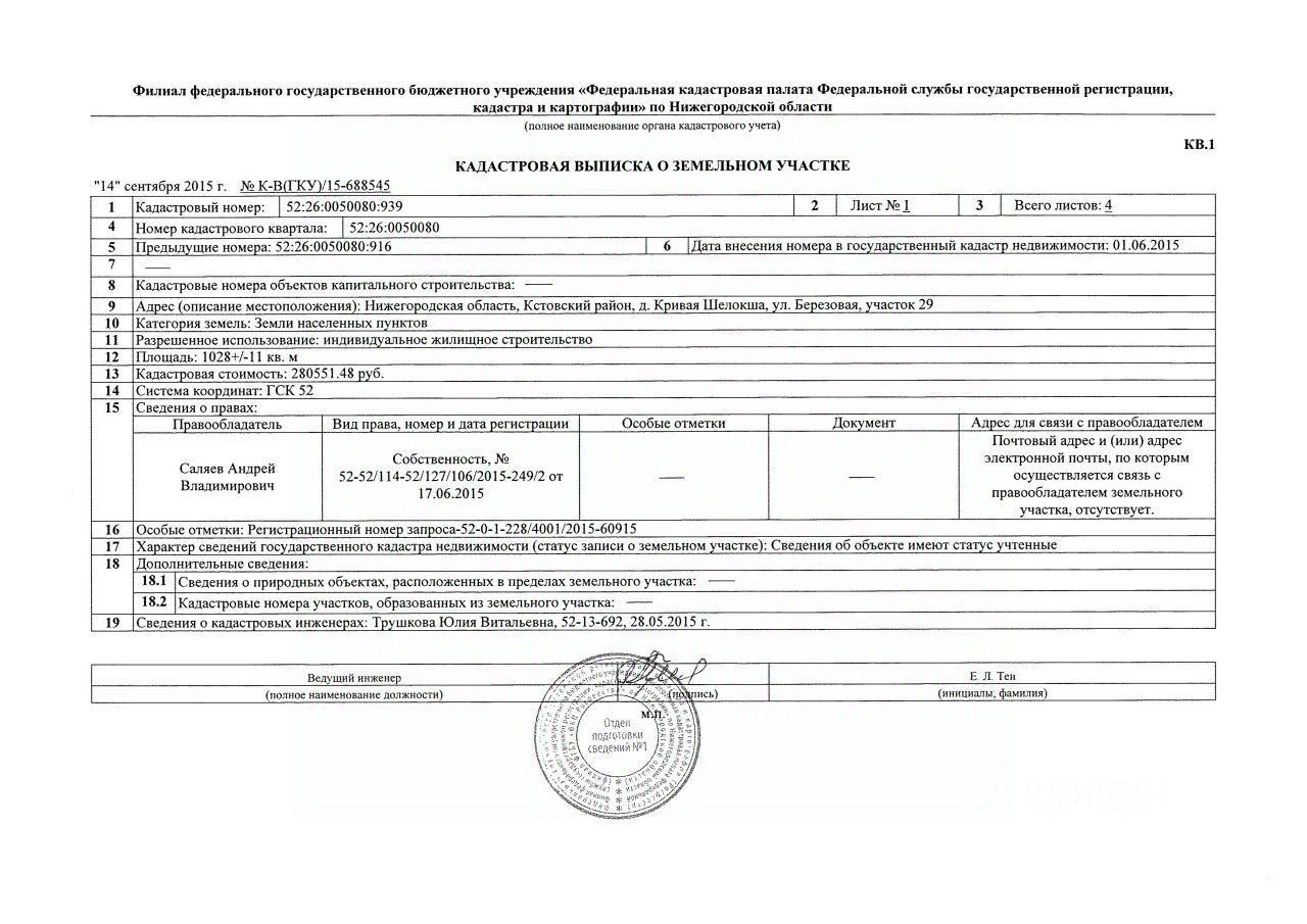 Кадастровая выписка о земельном участке образец заполненный